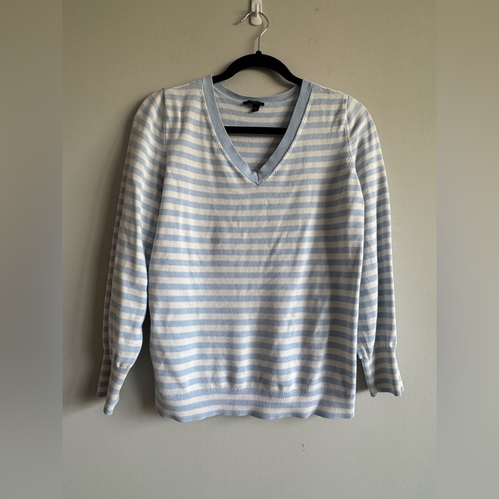 Talbot’s Blue White Striped Long Sleeve V Neck Cotton Spring Casual Sweater - Picture 2 of 5
